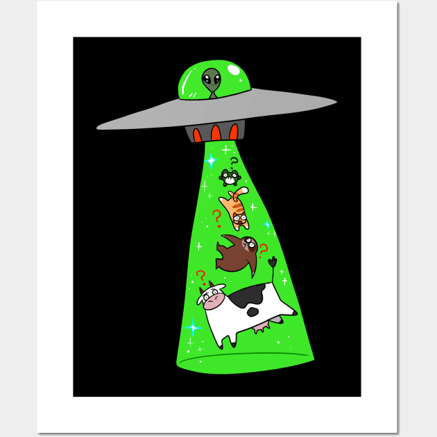 Frog Sloth Cat Cow Alien Abduction Wall Art by saradaboru